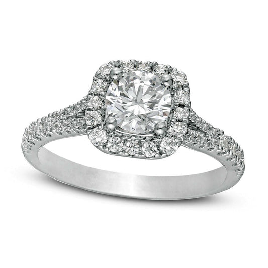 1.38 CT. T.W. Natural Diamond Cushion Frame Split Shank Engagement Ring in Solid 14K White Gold