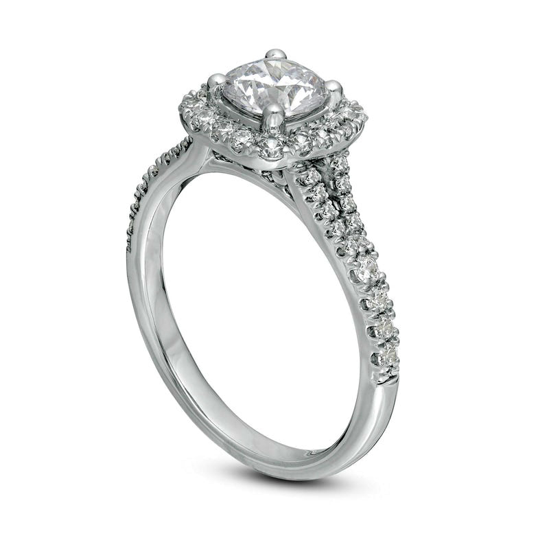 1.38 CT. T.W. Natural Diamond Cushion Frame Split Shank Engagement Ring in Solid 14K White Gold