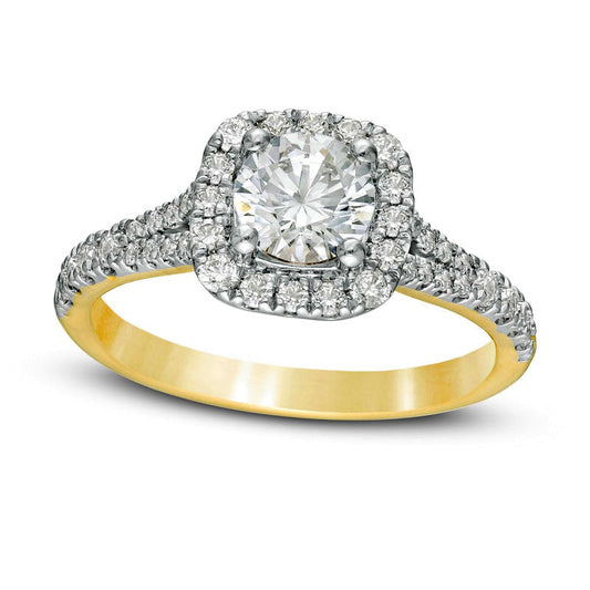 1.38 CT. T.W. Natural Diamond Cushion Frame Split Shank Engagement Ring in Solid 14K Gold