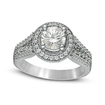 1.63 CT. T.W. Natural Diamond Antique Vintage-Style Split Shank Engagement Ring in Solid 14K White Gold