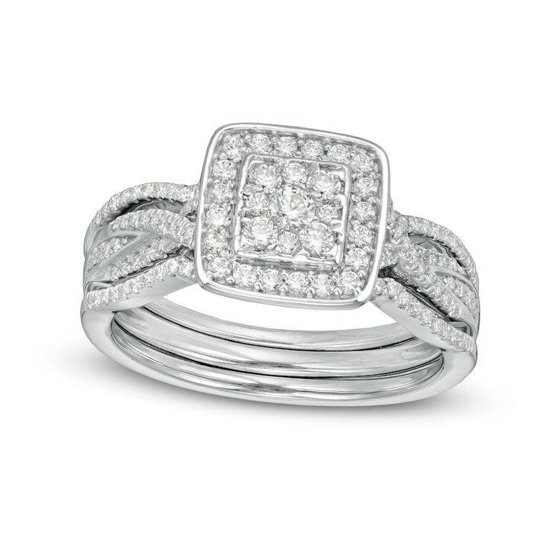 0.63 CT. T.W. Composite Natural Diamond Square Frame Twist Shank Three Piece Bridal Engagement Ring Set in Sterling Silver