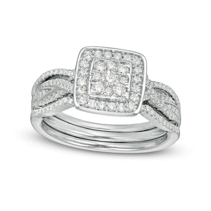0.63 CT. T.W. Composite Natural Diamond Square Frame Twist Shank Three Piece Bridal Engagement Ring Set in Sterling Silver