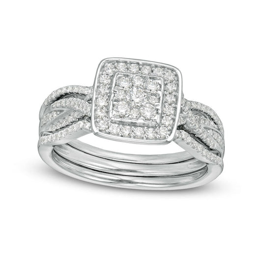 0.63 CT. T.W. Composite Natural Diamond Square Frame Twist Shank Three Piece Bridal Engagement Ring Set in Sterling Silver