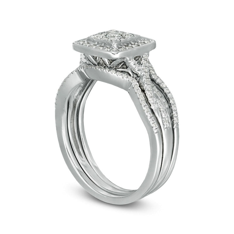0.63 CT. T.W. Composite Natural Diamond Square Frame Twist Shank Three Piece Bridal Engagement Ring Set in Sterling Silver