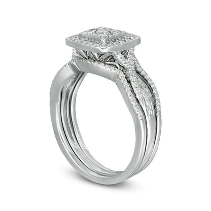 0.63 CT. T.W. Composite Natural Diamond Square Frame Twist Shank Three Piece Bridal Engagement Ring Set in Sterling Silver