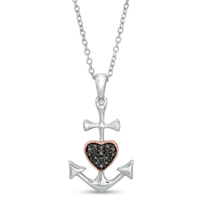 Enhanced Black Natural Diamond Accent Heart Anchor Pendant in Sterling Silver and 14K Rose Gold Plate