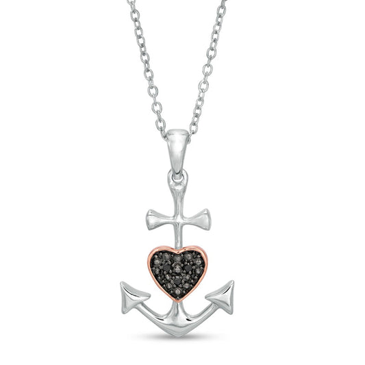Enhanced Black Natural Diamond Accent Heart Anchor Pendant in Sterling Silver and 14K Rose Gold Plate