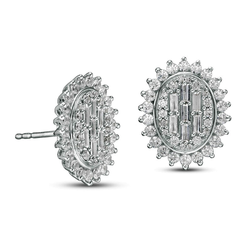 1 CT. T.W. Composite Oval Diamond Frame Sunburst Stud Earrings in 10K White Gold