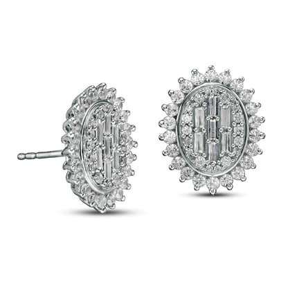 1 CT. T.W. Composite Oval Diamond Frame Sunburst Stud Earrings in 10K White Gold