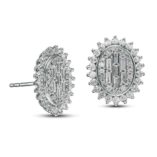 1 CT. T.W. Composite Oval Diamond Frame Sunburst Stud Earrings in 10K White Gold