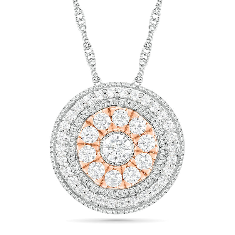 0.5 CT. T.W. Natural Diamond Double Frame Pendant in Sterling Silver and 10K Rose Gold