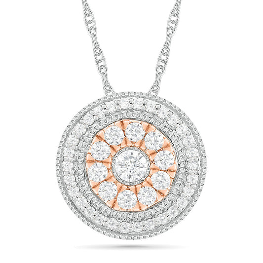 0.5 CT. T.W. Natural Diamond Double Frame Pendant in Sterling Silver and 10K Rose Gold