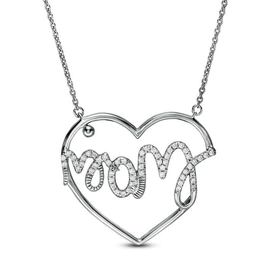 0.17 CT. T.W. Natural Diamond Mom" Heart Necklace in 10K White Gold"