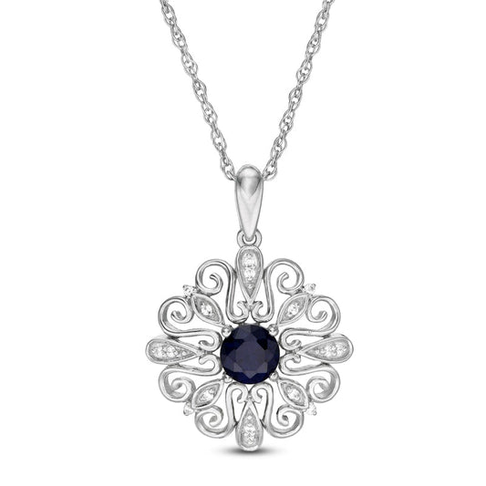 5.0mm Lab-Created Blue Sapphire and 0.05 CT. T.W. Diamond Filigree Scroll Frame Pendant in Sterling Silver