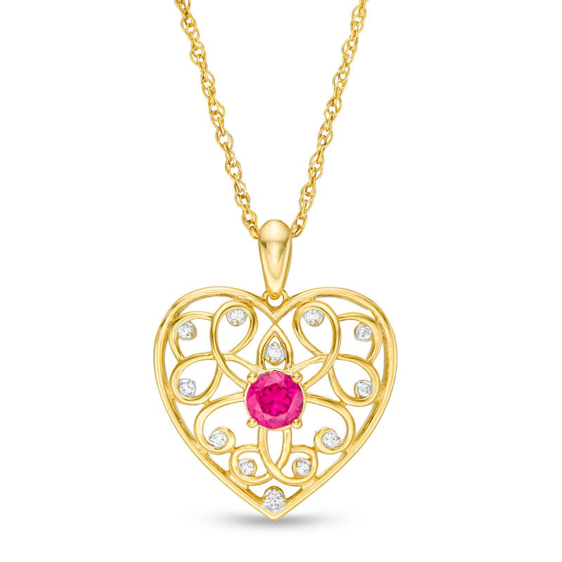 4.0mm Lab-Created Ruby and 0.05 CT. T.W. Diamond Filigree Heart Pendant in 10K Yellow Gold