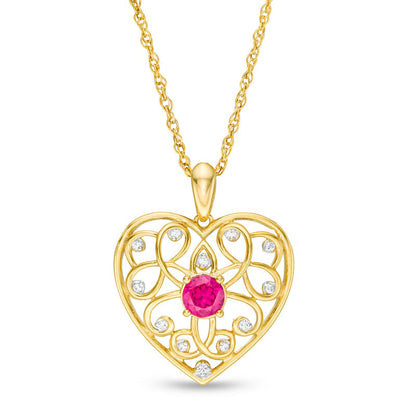 4.0mm Lab-Created Ruby and 0.05 CT. T.W. Diamond Filigree Heart Pendant in 10K Yellow Gold