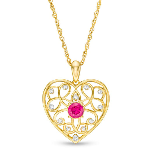 4.0mm Lab-Created Ruby and 0.05 CT. T.W. Diamond Filigree Heart Pendant in 10K Yellow Gold