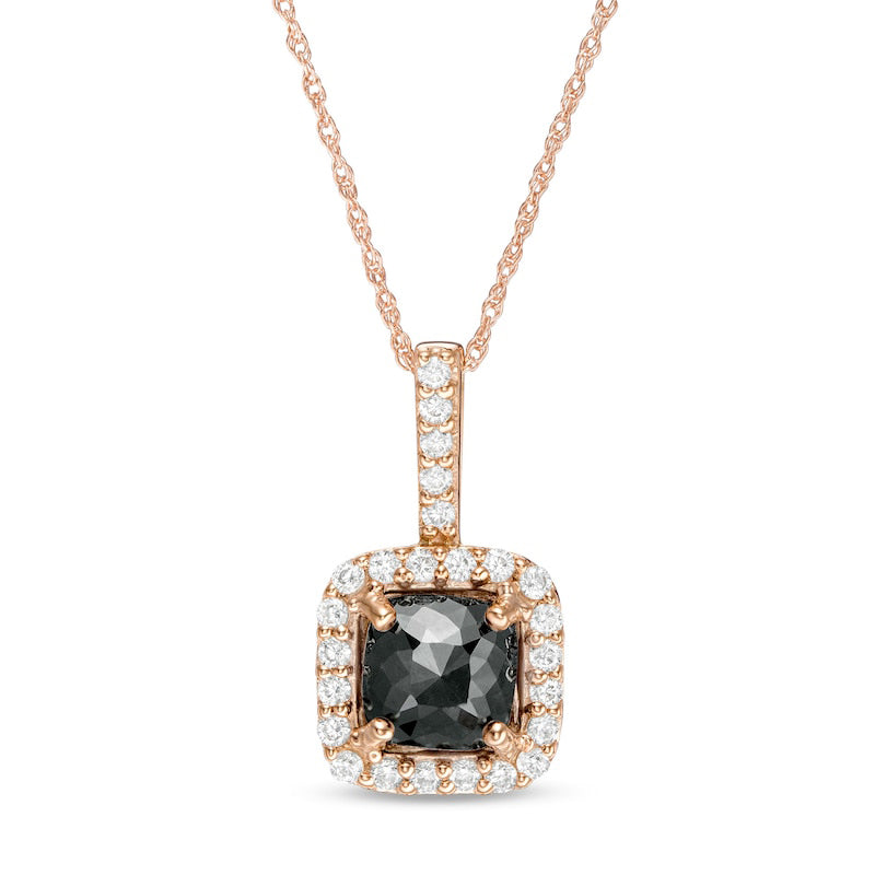 2.38 CT. T.W. Enhanced Black and White Cushion-Cut Natural Diamond Frame Drop Pendant in 14K Rose Gold