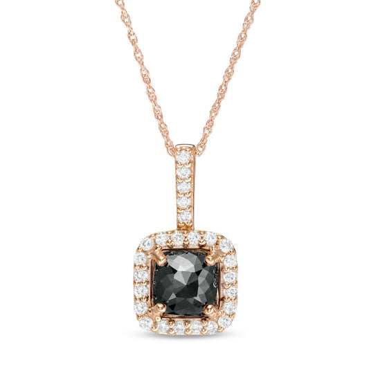 2.38 CT. T.W. Enhanced Black and White Cushion-Cut Natural Diamond Frame Drop Pendant in 14K Rose Gold