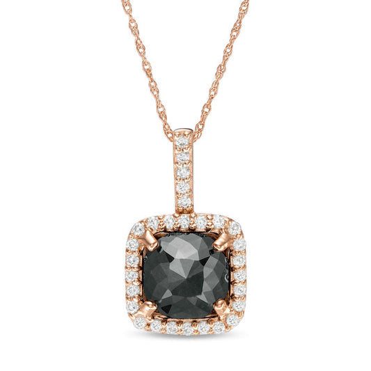 3.88 CT. T.W. Enhanced Black and White Cushion-Cut Natural Diamond Frame Drop Pendant in 14K Rose Gold