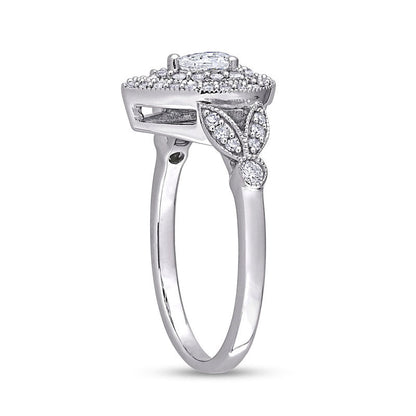 0.50 CT. T.W. Pear-Shaped Natural Diamond Double Frame Leaf-Sides Antique Vintage-Style Engagement Ring in Solid 10K White Gold