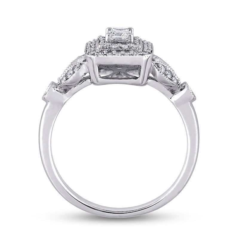 0.50 CT. T.W. Emerald-Cut Natural Diamond Double Frame Leaf-Sides Antique Vintage-Style Engagement Ring in Solid 10K White Gold
