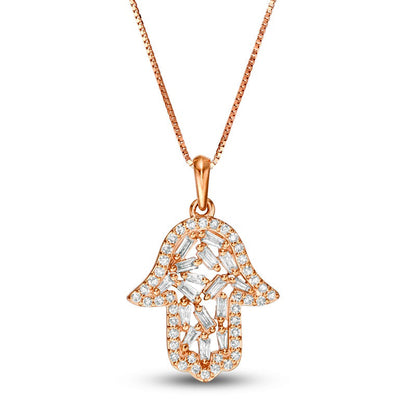 0.33 CT. T.W. Baguette and Round Natural Diamond Hamsa Pendant in 10K Rose Gold