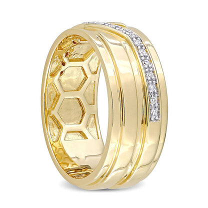 Men's 0.10 CT. T.W. Natural Diamond Slant Stepped Edge Band in Sterling Silver with Yellow Rhodium