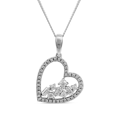 0.33 CT. T.W. Baguette and Round Natural Diamond Scatter Tilted Heart Pendant in 10K White Gold