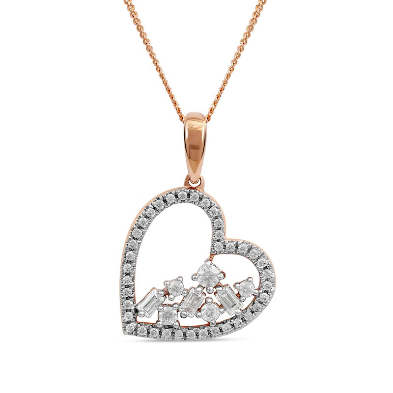 0.33 CT. T.W. Baguette and Round Natural Diamond Scatter Tilted Heart Pendant in 10K Rose Gold