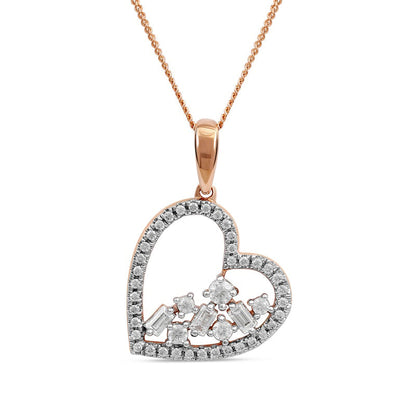 0.33 CT. T.W. Baguette and Round Natural Diamond Scatter Tilted Heart Pendant in 10K Rose Gold
