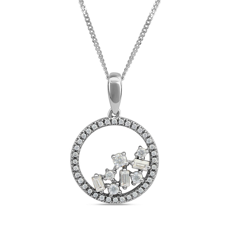 0.33 CT. T.W. Baguette and Round Natural Diamond Scatter Circle Pendant in 10K White Gold