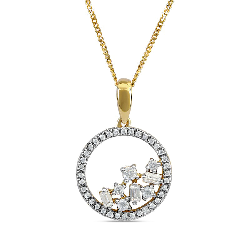 0.33 CT. T.W. Baguette and Round Natural Diamond Scatter Circle Pendant in 10K Yellow Gold