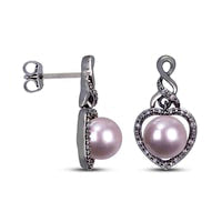 7.0-7.5mm Cultured Freshwater Pearl and 0.1 CT. T.W. Diamond Heart Frame Cascade Twist Drop Earrings in Sterling Silver