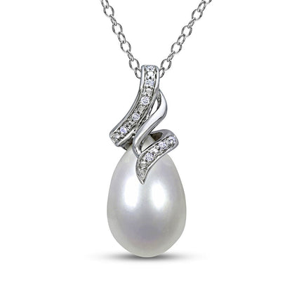 9.0-9.5mm Baroque Cultured Freshwater Pearl and 0.05 CT. T.W. Natural Diamond Flame Pendant in Sterling Silver