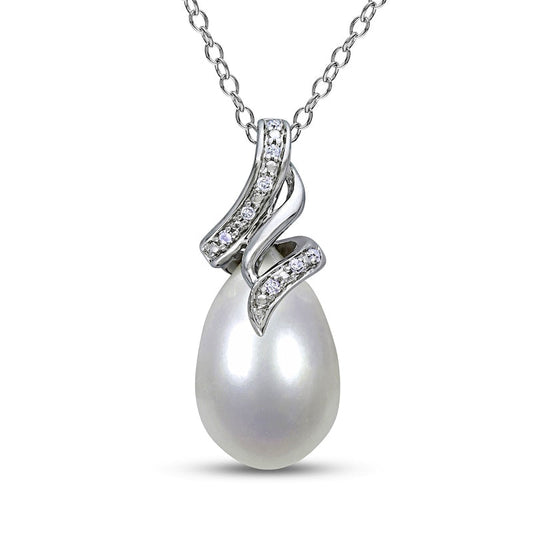 9.0-9.5mm Baroque Cultured Freshwater Pearl and 0.05 CT. T.W. Natural Diamond Flame Pendant in Sterling Silver