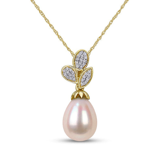 9.0-9.5mm Baroque Cultured Freshwater Pearl and 0.1 CT. T.W. Natural Diamond Leaf Drop Pendant in 10K Yellow Gold - 17