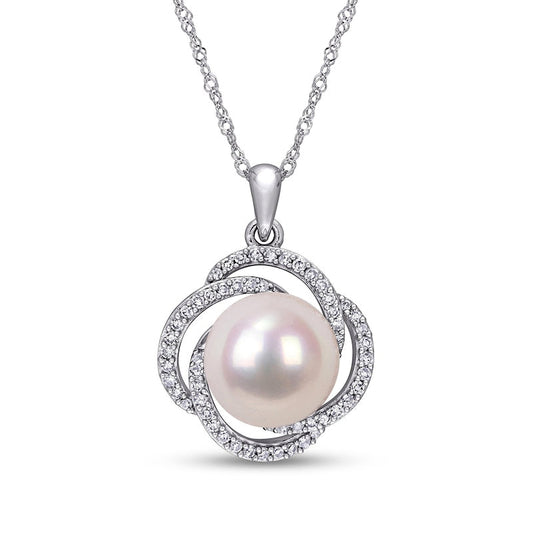 10.0-10.5mm Cultured Freshwater Pearl and 0.25 CT. T.W. Natural Diamond Love Knot Pendant in 14K White Gold - 17