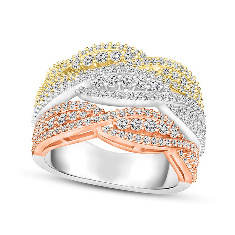 1.25 CT. T.W. Natural Diamond Triple Row Braid Ring in Solid 10K Tri-Tone Gold