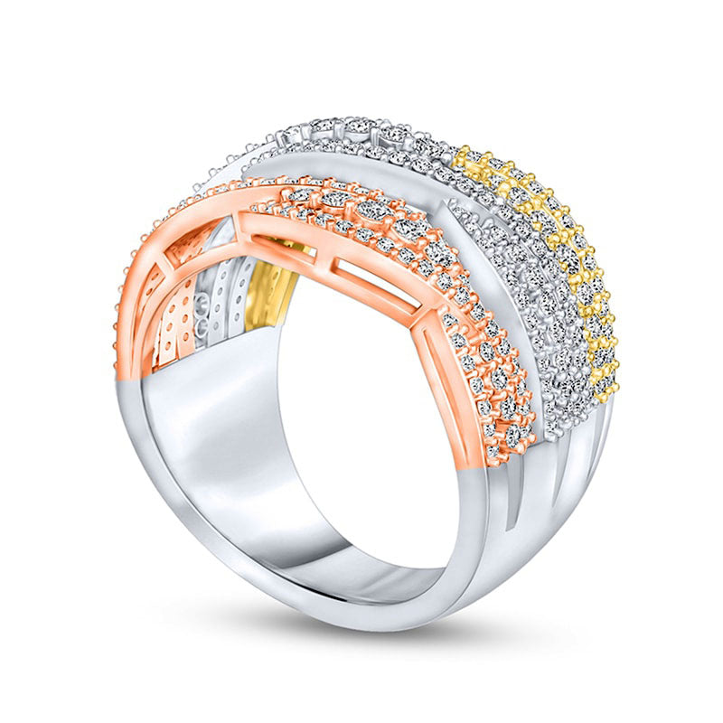 1.25 CT. T.W. Natural Diamond Triple Row Braid Ring in Solid 10K Tri-Tone Gold