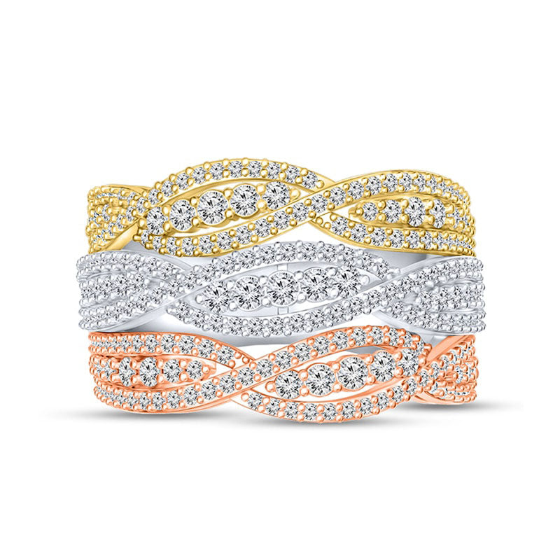 1.25 CT. T.W. Natural Diamond Triple Row Braid Ring in Solid 10K Tri-Tone Gold