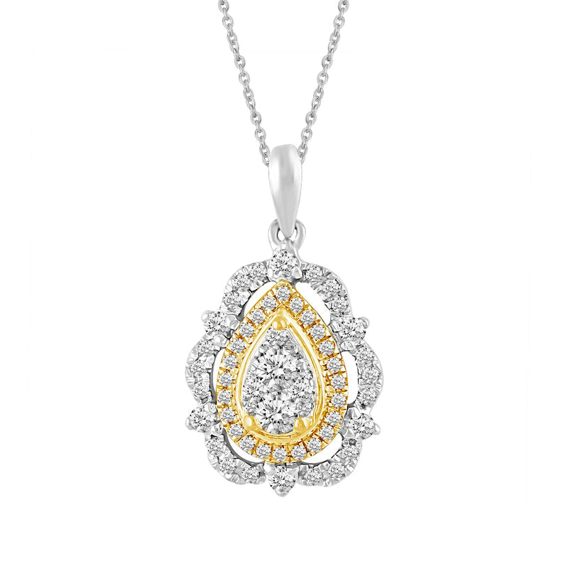 0.5 CT. T.W. Composite Pear Natural Diamond Ornate Frame Pendant in 14K Two-Tone Gold