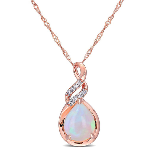 Pear-Shaped Opal and 0.05 CT. T.W. Natural Diamond Cascading Teardrop Pendant in 10K Rose Gold - 17