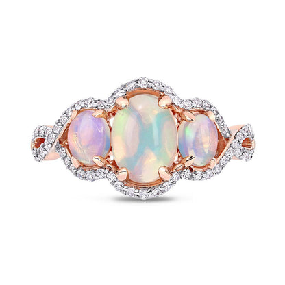 Oval Cabochon Opal and 0.33 CT. T.W. Natural Diamond Frame Three Stone Twist Shank Ring in Solid 10K Rose Gold