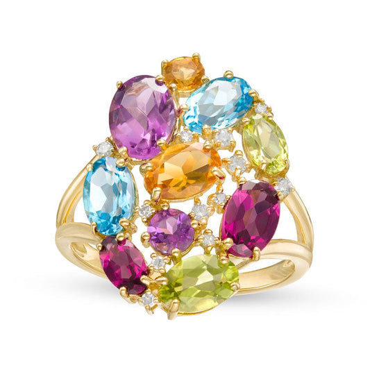 Oval and Round Multi-Gemstone and 0.10 CT. T.W. Natural Diamond Cluster Split Shank Ring in Solid 10K Yellow Gold