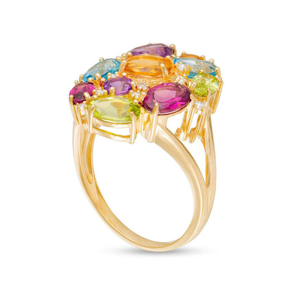 Oval and Round Multi-Gemstone and 0.10 CT. T.W. Natural Diamond Cluster Split Shank Ring in Solid 10K Yellow Gold