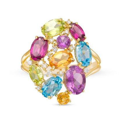 Oval and Round Multi-Gemstone and 0.10 CT. T.W. Natural Diamond Cluster Split Shank Ring in Solid 10K Yellow Gold