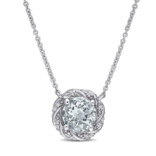 7.0mm Aquamarine and 0.13 CT. T.W. Natural Diamond Swirl Frame Necklace in 10K White Gold - 17