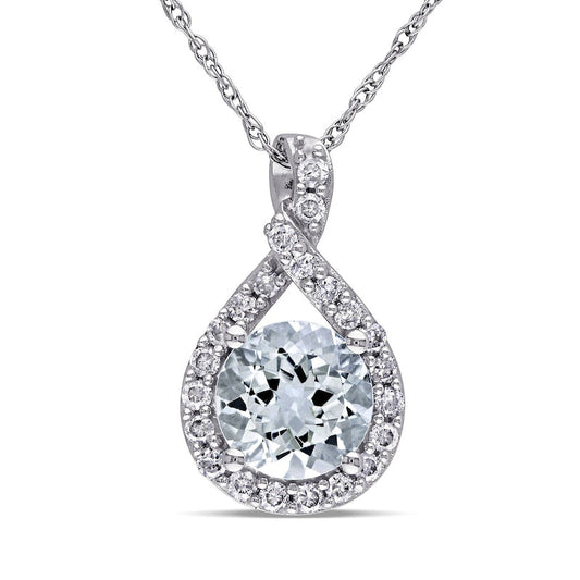 7.0mm Aquamarine and 0.2 CT. T.W. Natural Diamond Twisted Teardrop Pendant in 10K White Gold - 17
