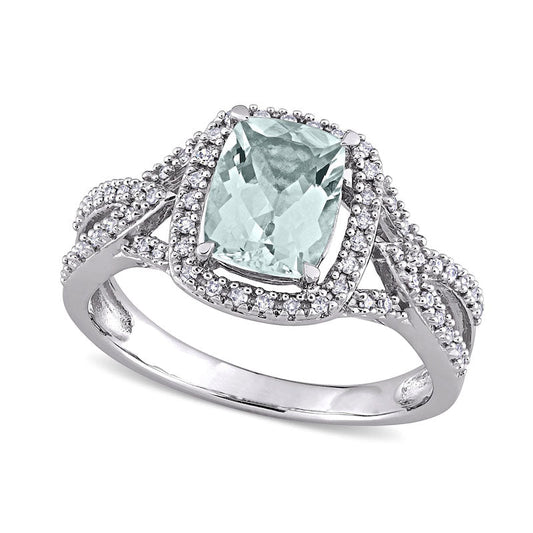 Cushion-Cut Aquamarine and 0.17 CT. T.W. Natural Diamond Frame Tapered Split Shank Ring in Solid 10K White Gold